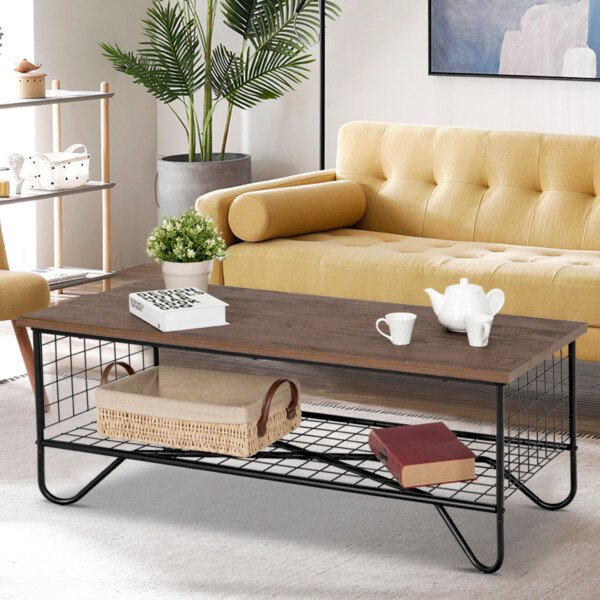 Dviejų aukštų kavos staliukas su metaliniu rėmu ir daiktadeže (Ruda)