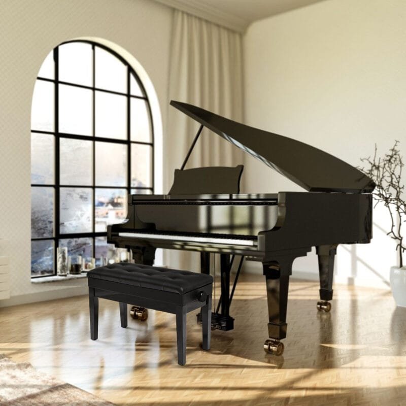 Reguliuojamo aukščio fortepijono suolas su daiktų saugykla (Juoda)