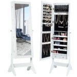 LED apšviesta užrakinama papuošalų spintelė su veidrodžiu (Balta)