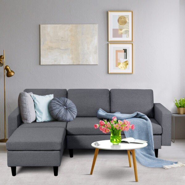 Kampinė sofa su pufu ir atrama kojoms (Tamsiai pilka)