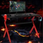 Ergonominis žaidimų stalas su puodelio laikikliu ir ausinių pakaba (Raudona ir juoda)