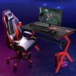 Ergonominis žaidimų stalas su puodelio laikikliu ir ausinių pakaba (Raudona ir juoda)