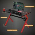 Ergonominis žaidimų stalas su puodelio laikikliu ir ausinių pakaba (Raudona ir juoda)