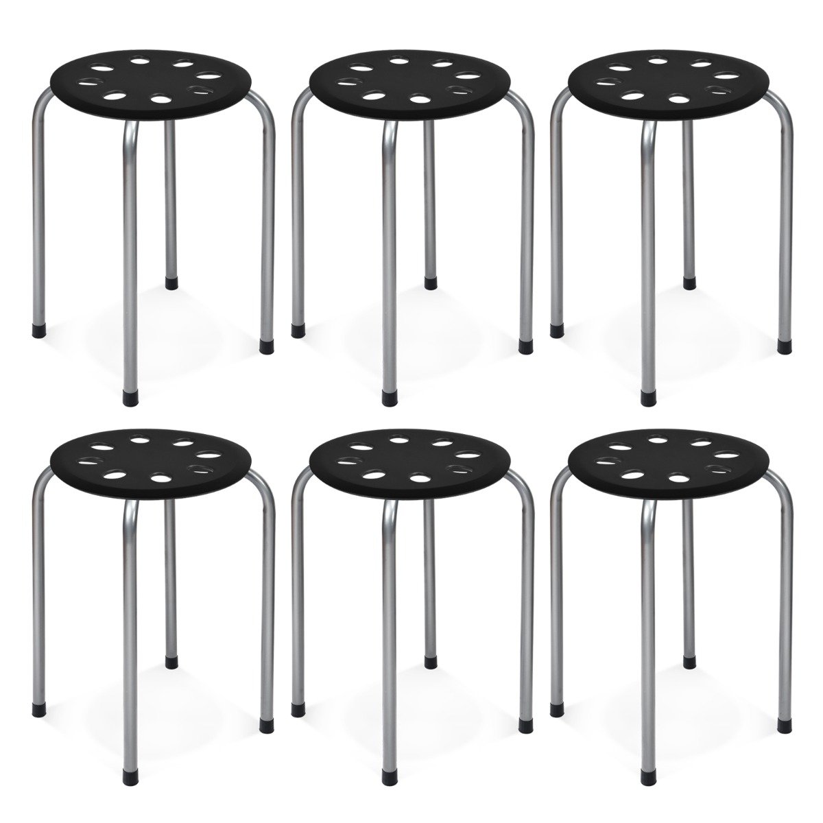 hw64245gr-metallhocker_6_ Stalų ir kėdžių komplektas: 6 metalinės taburetės apvaliu sėdynės dizainu 44 5 cm aukštis (Juoda ir sidabrinė)