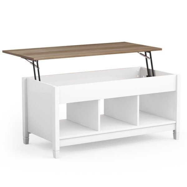 Pakeliamas kavos staliukas su daiktadėže ir atviromis lentynėlėmis (Balta)