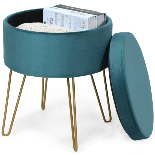 Apvalus pufas su laikymo funkcija ir metalinėmis kojelėmis (Tamsiai žalia)