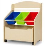 Vaikiškas medinis žaislų ir knygų laikymo stovas su ratukais (Natūrali)