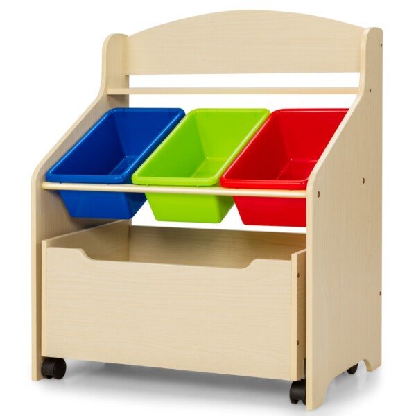 Vaikiškas medinis žaislų ir knygų laikymo stovas su ratukais (Natūrali)