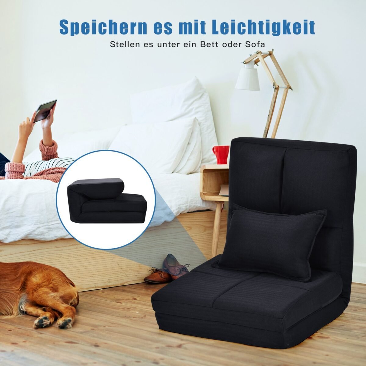 Sulankstomas grindų krėslas su minkšta pagalve (Juoda)