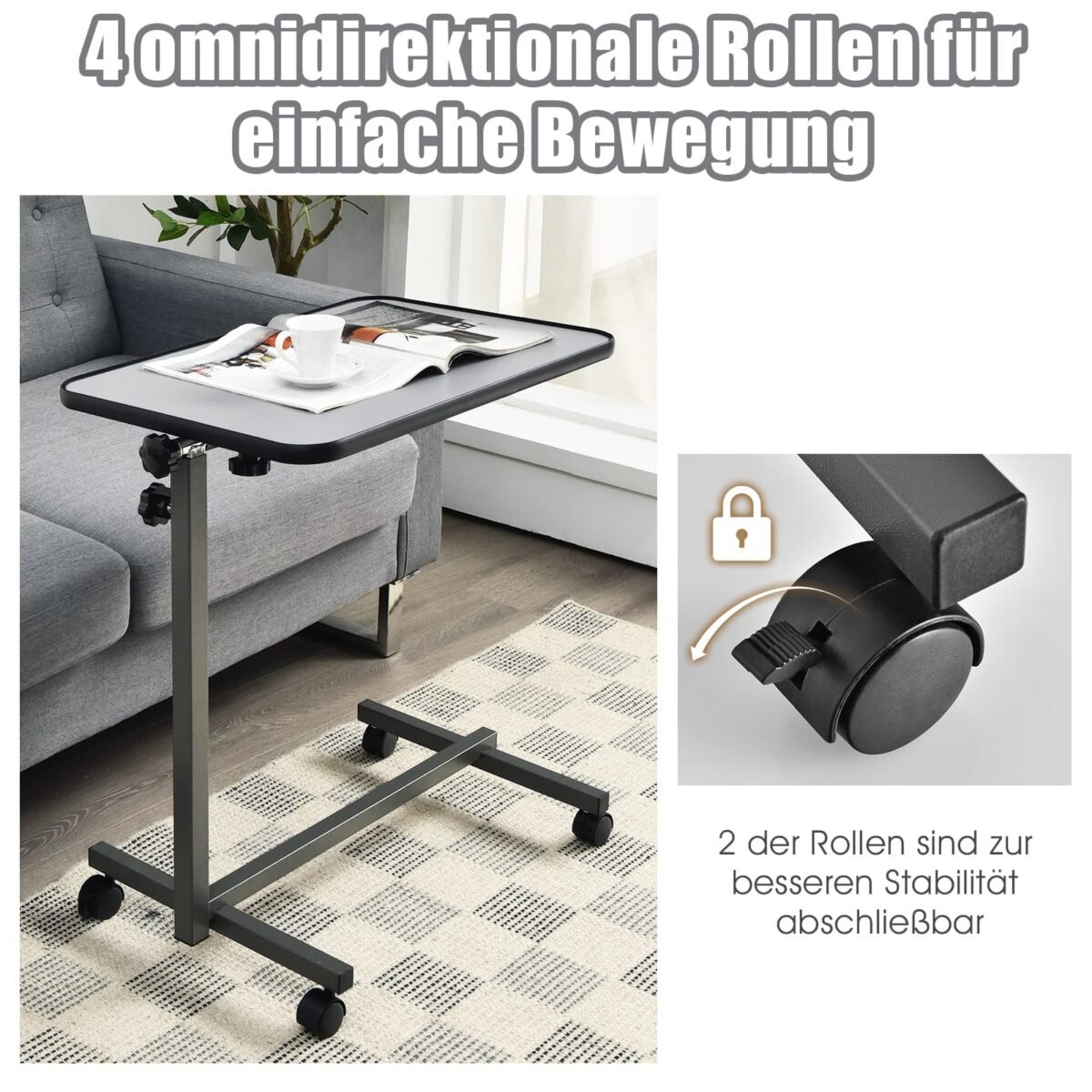 Reguliuojamo aukščio nešiojamojo kompiuterio staliukas su ratukais (Pilka)