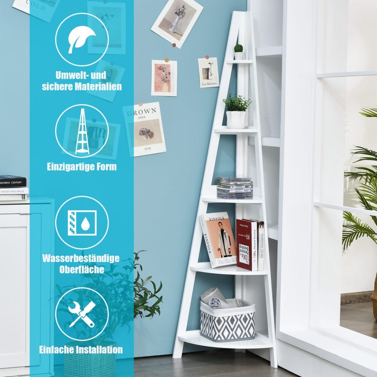 Kampinė kopėčių tipo lentyna su penkiomis lentynomis (Balta)