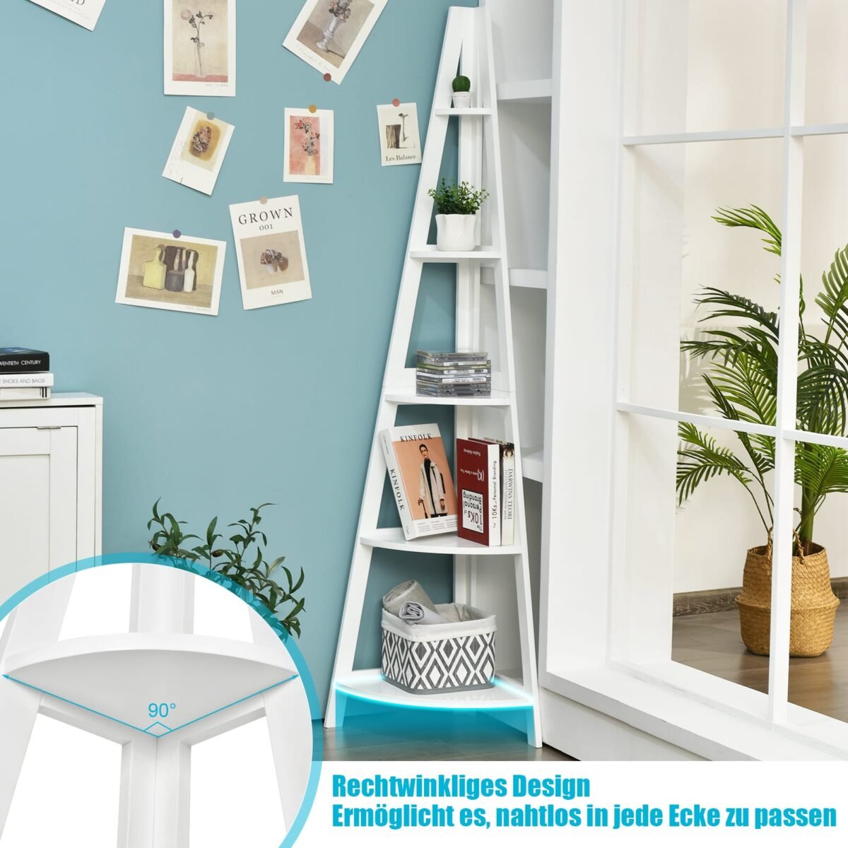 Kampinė kopėčių tipo lentyna su penkiomis lentynomis (Balta)