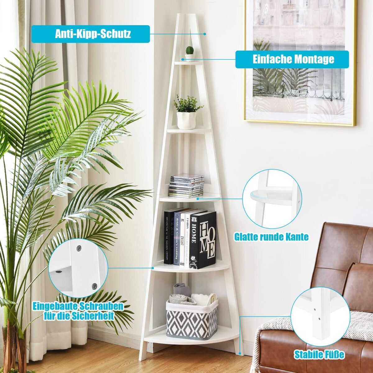 Kampinė kopėčių tipo lentyna su penkiomis lentynomis (Balta)