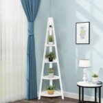 Kampinė kopėčių tipo lentyna su penkiomis lentynomis (Balta)