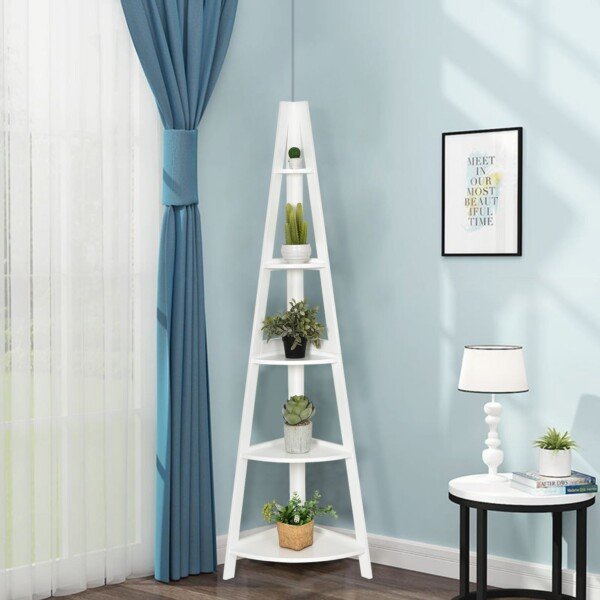 Kampinė kopėčių tipo lentyna su penkiomis lentynomis (Balta)