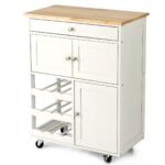 Medinis virtuvinis vežimėlis su stalviršiu ir vyno lentynomis (Balta)