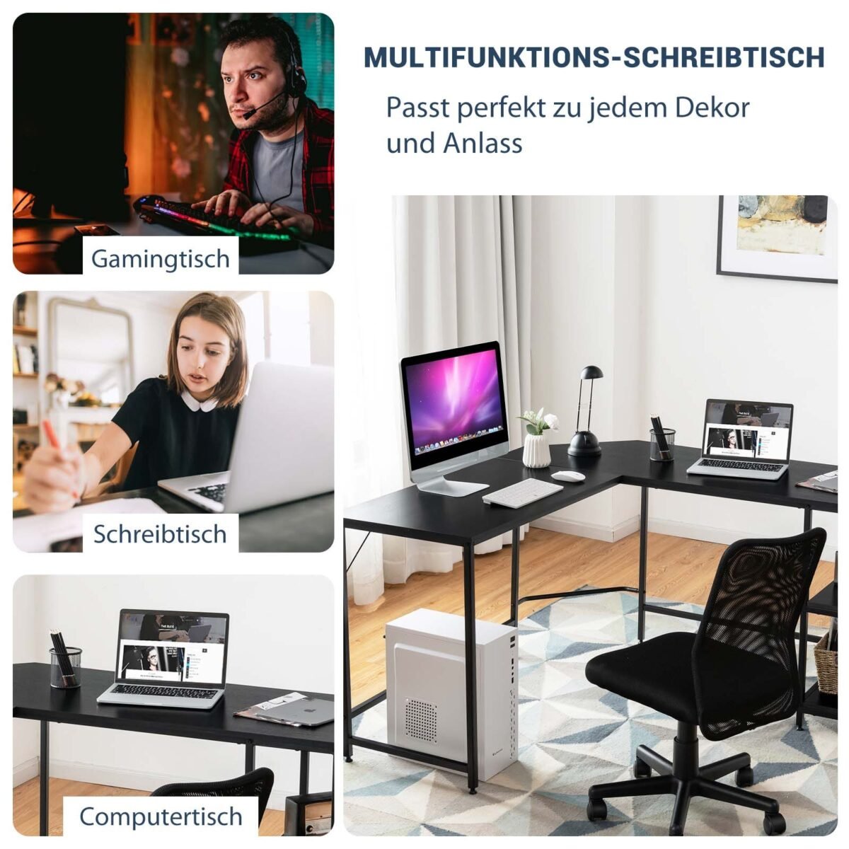 L formos kampinis rašomasis stalas su metaliniu rėmeliu (Juoda)