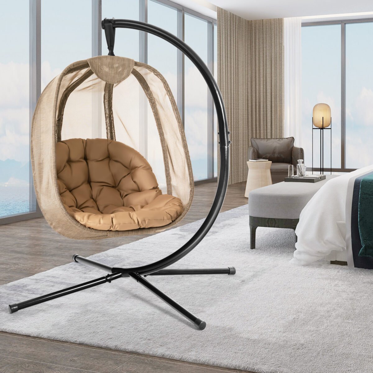 Pakabinamas krėslas su stovu ir paminkštinimais (Juoda)