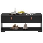 Stačiakampis svetainės staliukas su dviem stalčiais ir atvira lentyna (Juoda)