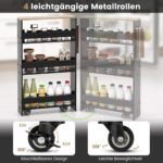 Siauras 4 lentynų virtuvės vežimėlis su ratukais ir rankena (Juoda)