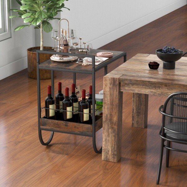 Mobilus serviravimo vežimėlis su ratukais ir vyno laikikliu (Rustikali ruda)
