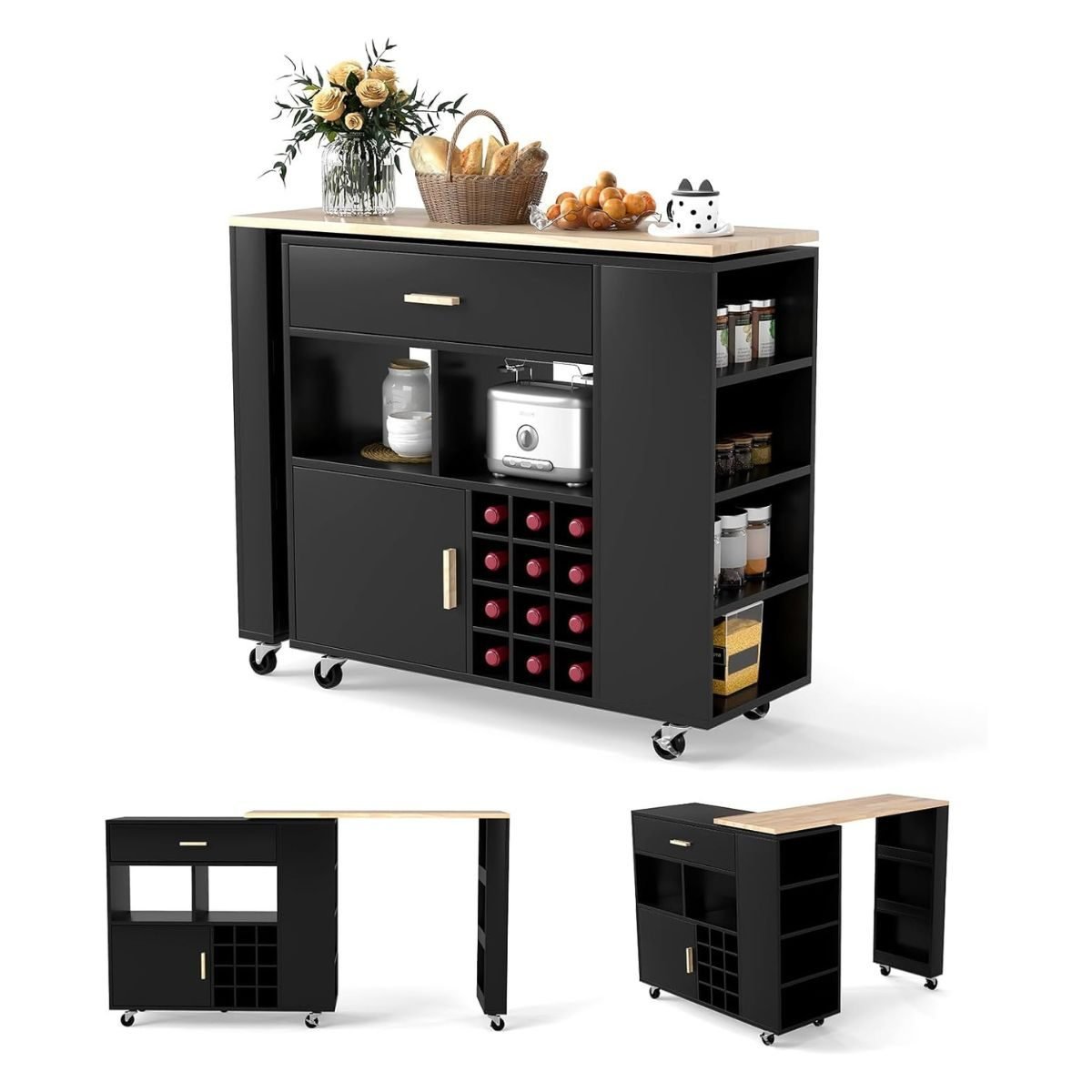 k_chenwagen-13754_2_ Virtuvės vežimėlis su reguliuojama lentyna ir stalčiais (Juoda)