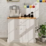 Keliama virtuvės sala su gumuota medžio plokšte ir reguliuojamomis lentynomis (Balta)