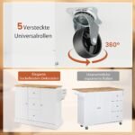 Keliama virtuvės sala su gumuota medžio plokšte ir reguliuojamomis lentynomis (Balta)