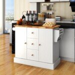 Keliama virtuvės sala su gumuota medžio plokšte ir reguliuojamomis lentynomis (Balta)