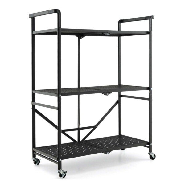 Sulankstomas trijų pakopų metalinis lentynų vežimėlis (Juoda)