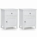 Naktinė pušies medienos spintelė su stalčiumi ir durelėmis (Balta)