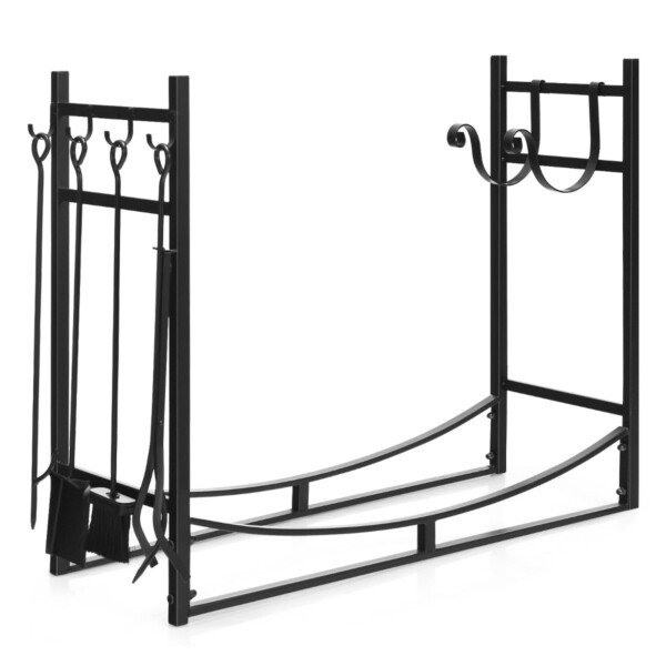 Tvirtas malkų stovas su priedais (Juoda)