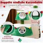 Kalėdinės eglutės formos draskyklė katėms su dviem nameliais ir tvirtais stulpais (Žalia)