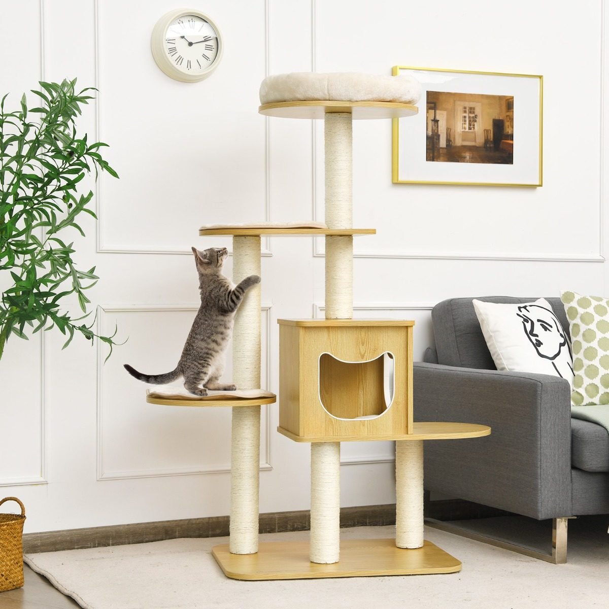 katzenbaum-katzenhaus-ps7414bn-5 135 cm aukščio daugiaaukštis kačių namelis su braižymo stulpais ir urveliu (Natūrali)