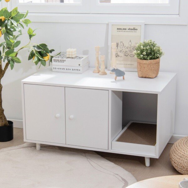 Daugiafunkcis staliukas su kačių tualeto spintelė (Balta)