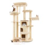 Medinė katės draskyklė su nameliu ir žaislais 173 cm (Smėlio)