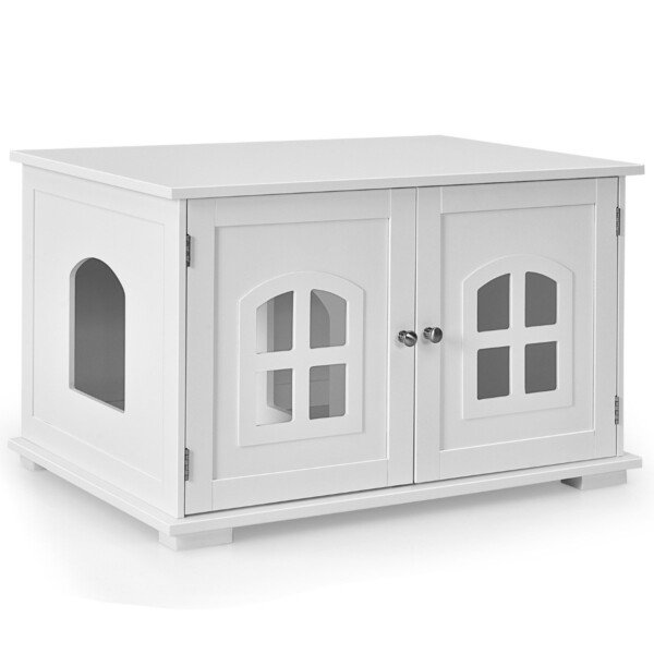 Dekoratyvinis kačių tualeto namelis su dvigubomis durimis ir langais (Balta)