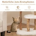 Medinis kačių draskyklinis namelis su dviem platformomis ir žaisliniu kamuoliuku (Balta)