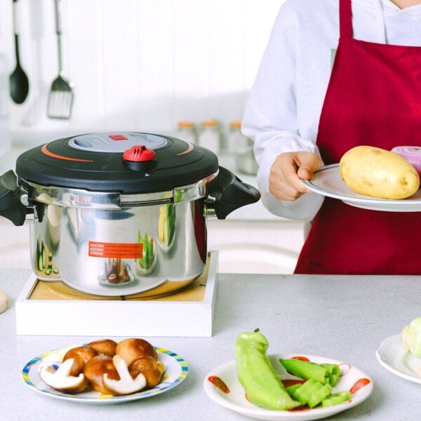 Greitpuodis su nerūdijančio plieno rankena 6 litrų (Juoda ir sidabrinė)