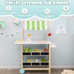 Medinis žaislinis ledų vežimėlis su priedais (Žalia)