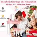 Vaikiškas medinis tualetinis staliukas su veidrodžiu ir kėdute (Rožinė)