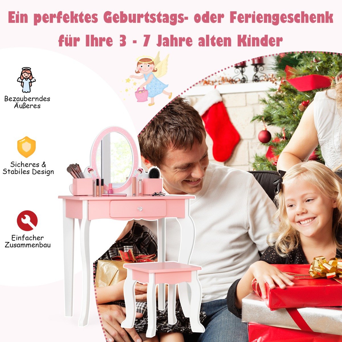 kinder-schminktisch-hy10070pi_5_ Vaikiškas medinis tualetinis staliukas su veidrodžiu ir kėdute (Rožinė)