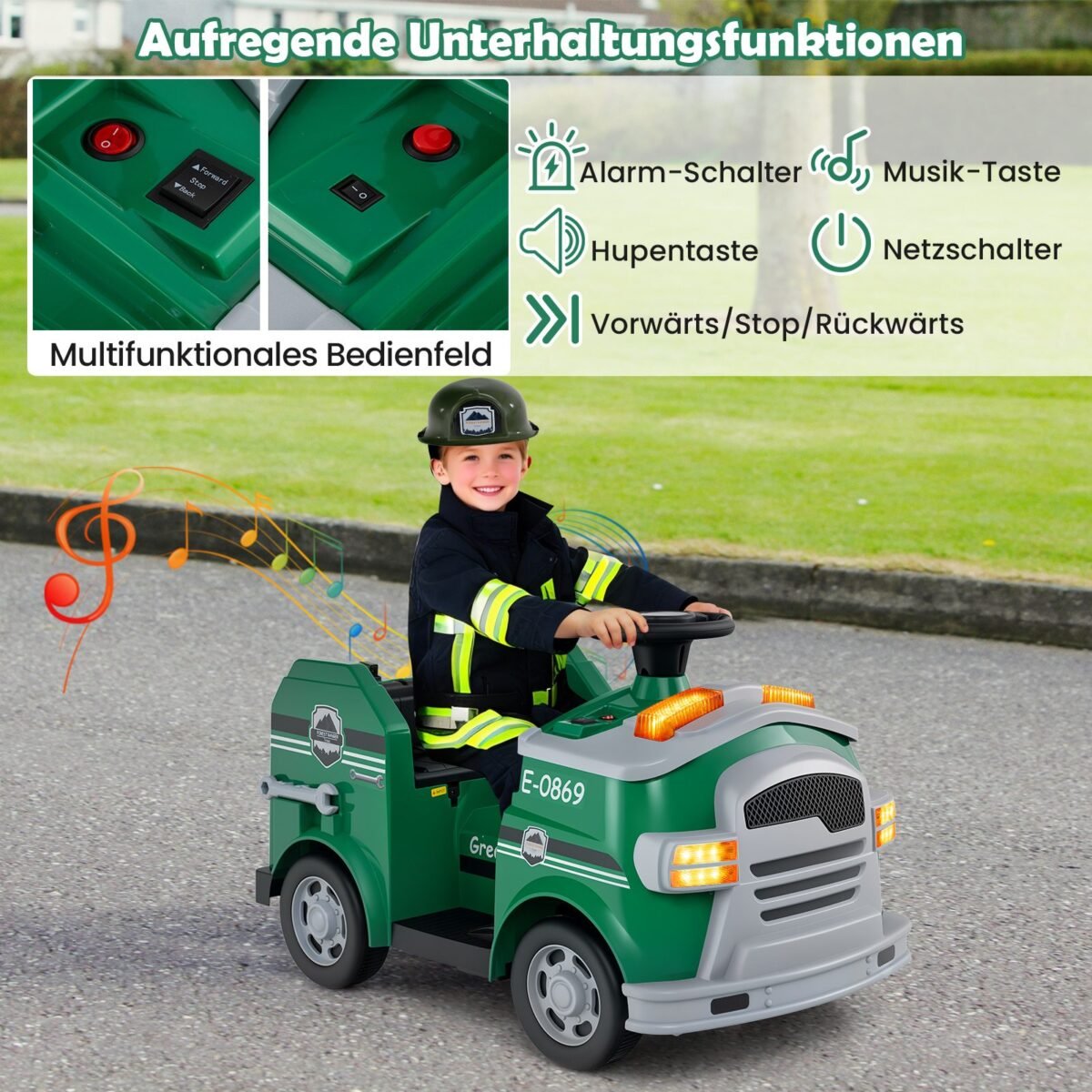 Elektrinis gaisrininkų automobilis su priedais vaikams (Žalia)