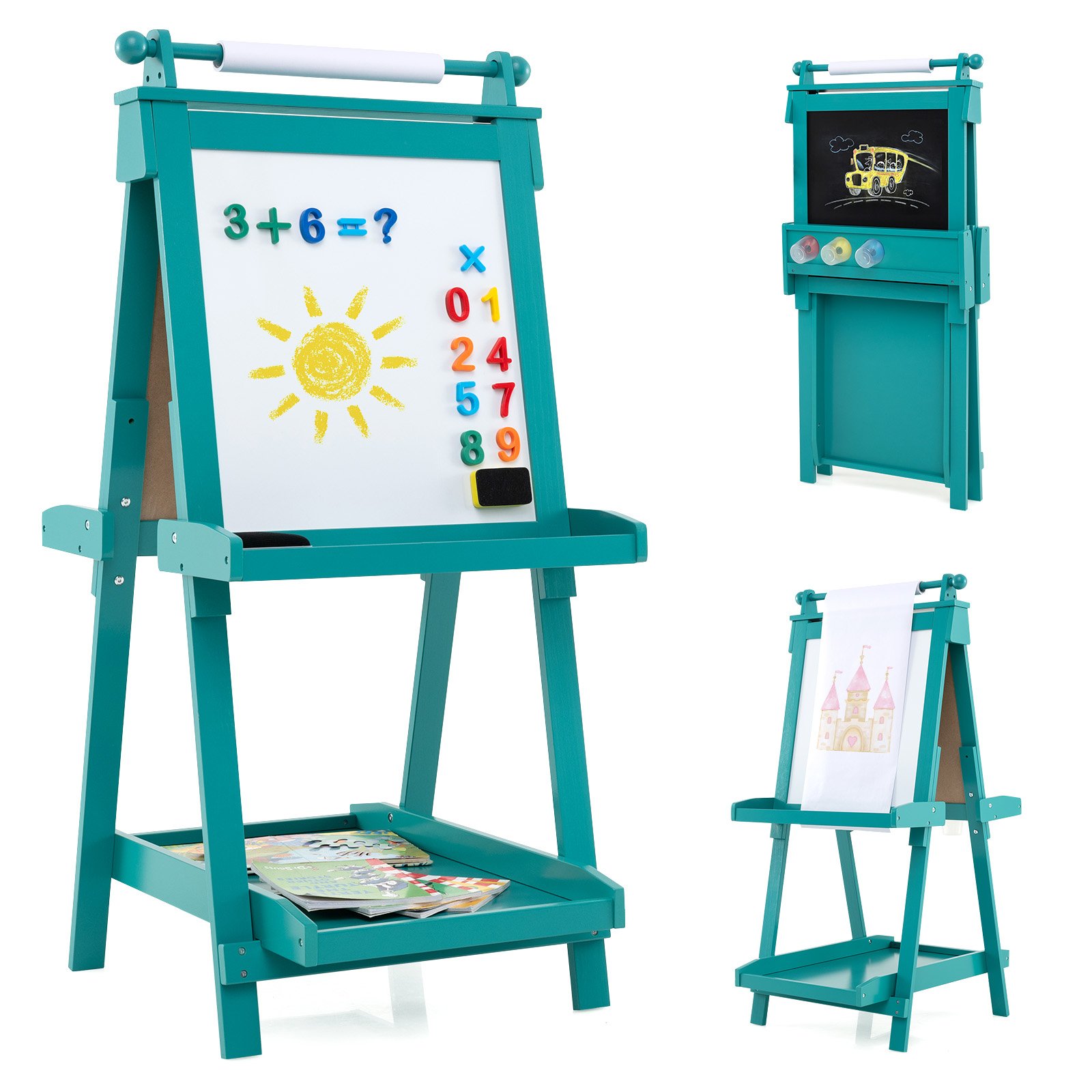 kinderhhenverstellbaretafelmitwhiteboardmagnetischertafelklappbarestaffeleigrn_image_2 Reguliuojamo aukščio dvipusė vaikiška dailės lenta su balta ir magnetine plokštuma (Žalia)