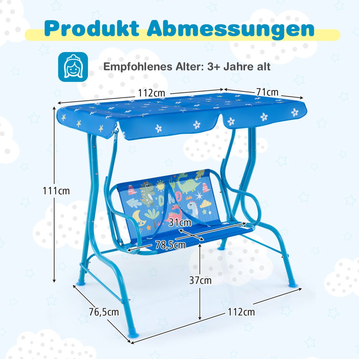 Vaikiška dviračio tipo sūpynė su reguliuojamu stogeliu (Mėlyna)