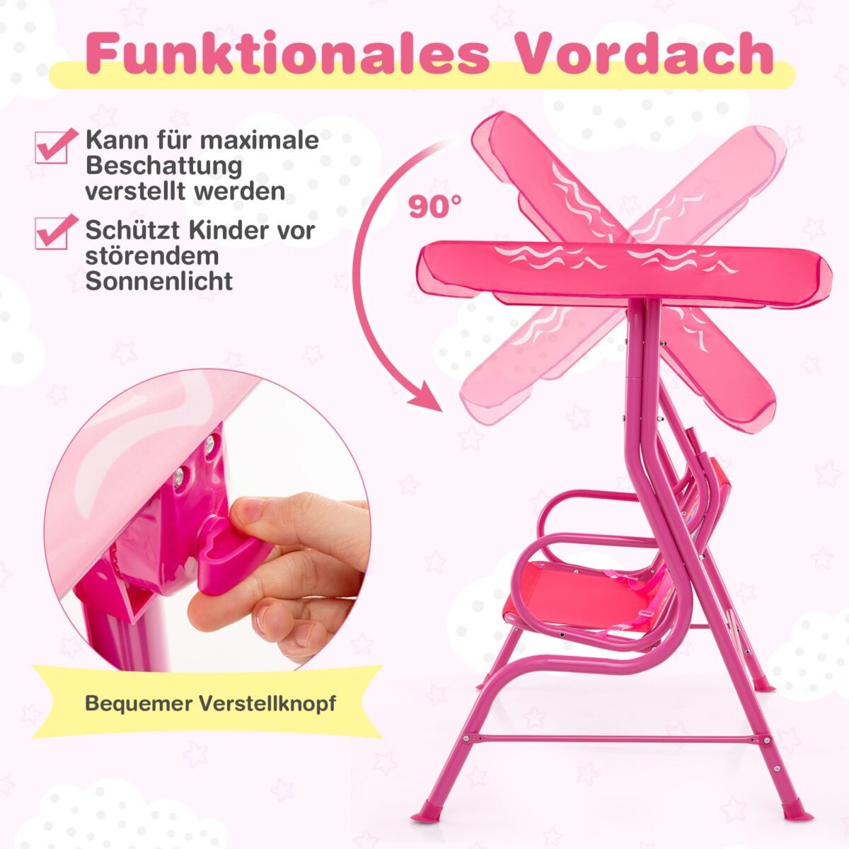 Dvivietės lauko sūpynės su reguliuojamu stogeliu (Rožinė)