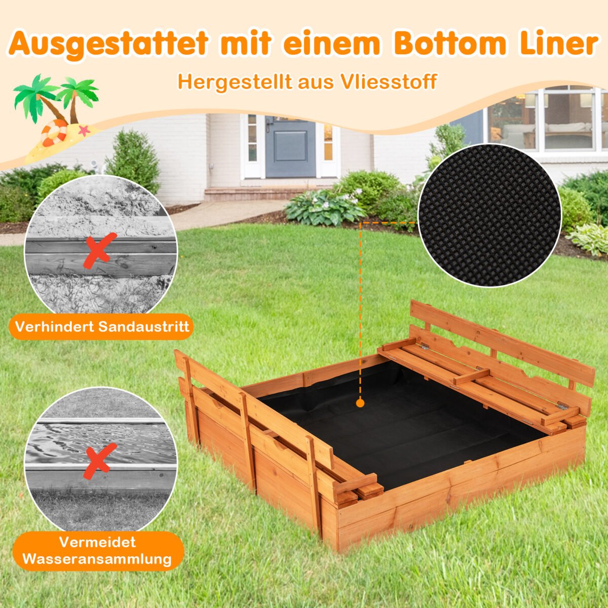 Medinė smėlio dėžė su suoliukais (Natūrali)