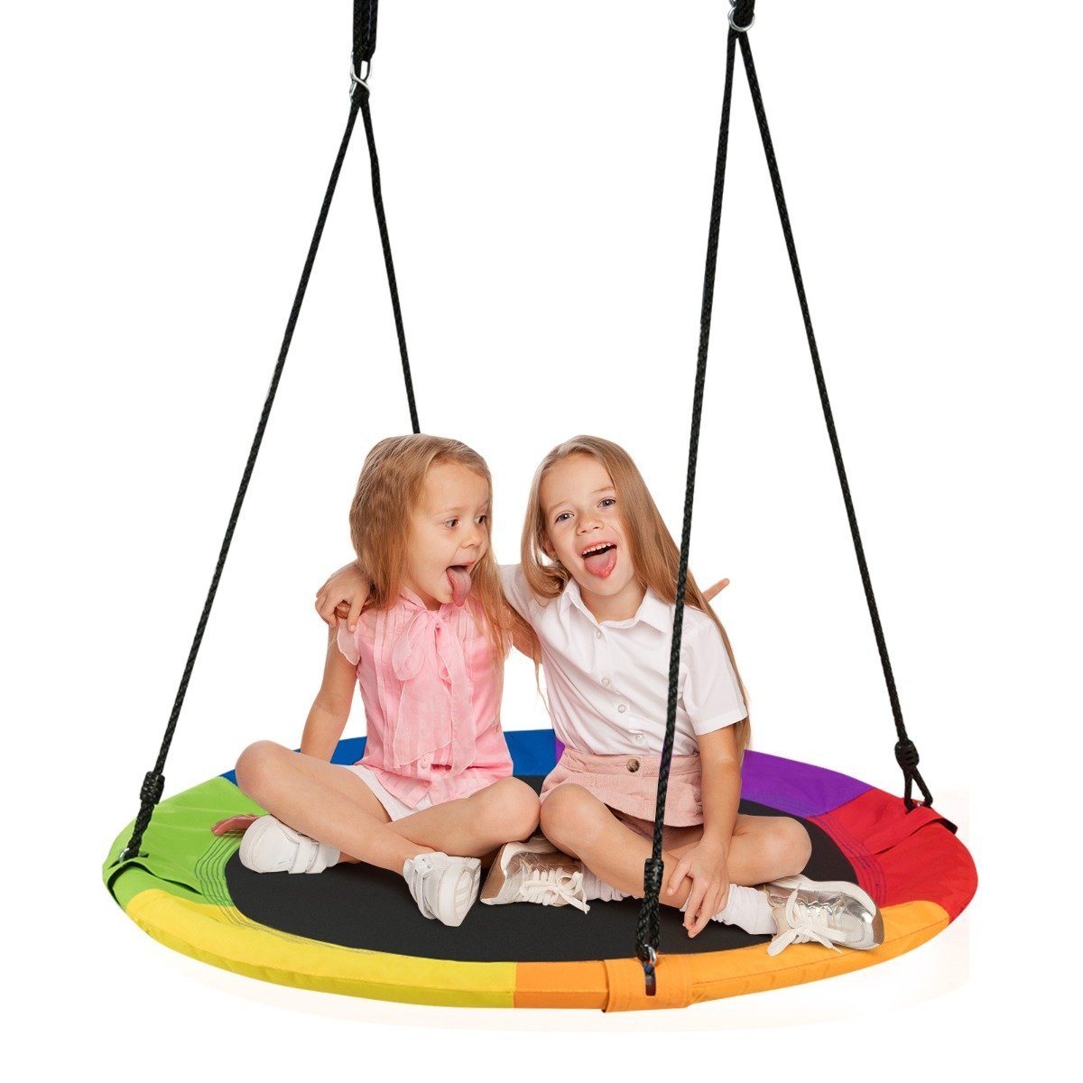 kinderschaukel-op70579cl_1_ Apvali sodo sūpuoklė su tvirtinimo diržais 100 cm (Spalvota)