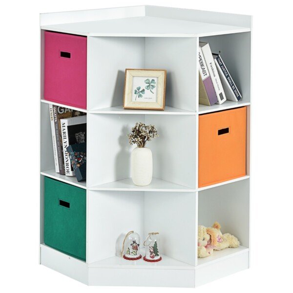 6 atvirų lentynų ir 3 spalvotų krepšių kampinė kambario lentyna (Balta)