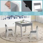 Vaikiškas medinis stalas su dviem kėdėm dvipusiu stalviršiu (Pilka)